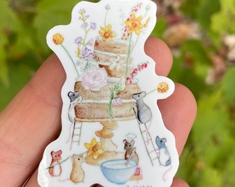 Rats Baking Cake Vinyl Sticker – Whimsical Watercolor Art