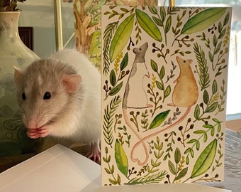 Cute Rats Mini A1 Watercolor Card - Botanical Rat Friends, for Valentines Day or Anniversary (Free Shipping!)