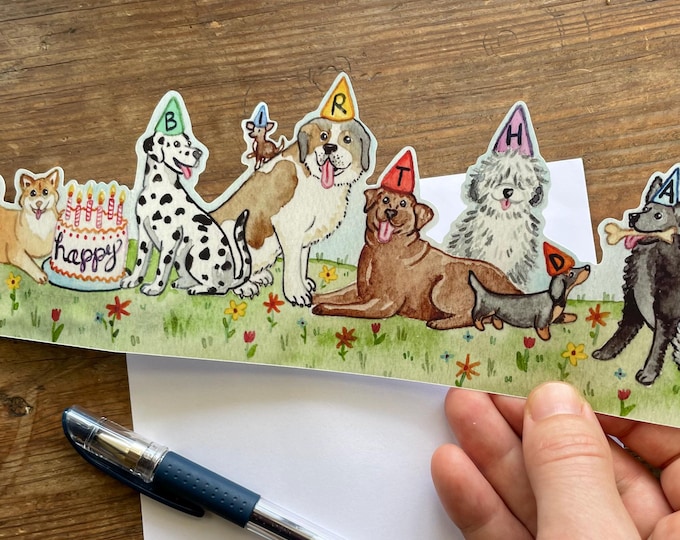 Happy Birthday Dogs Card - Parade of Party Puppies! Handmade and Painted in Watercolor, Envelope Included, Free Shipping