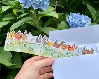Happy Birthday Chickens Card - Parade of Party Poultry! Handmade and Painted in Watercolor, Envelope Included, Free Shipping