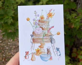 Rats Baking A Cake Card - Free Shipping! A1 Mini Card, Whimsical Mouse Birthday Card