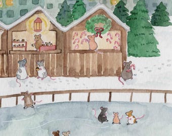 May include: Watercolor illustration of a winter scene with wooden market stalls, snow, and fir trees. Mice are depicted ice skating and shopping. The stalls are decorated with wreaths and candy canes, creating a festive holiday atmosphere.