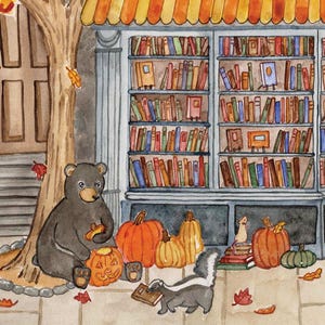 May include: Watercolor illustration of a bear carving a pumpkin near a tree, with a skunk reading a book. A bookstore with shelves of books and pumpkins are in the background. Autumn-themed artwork.