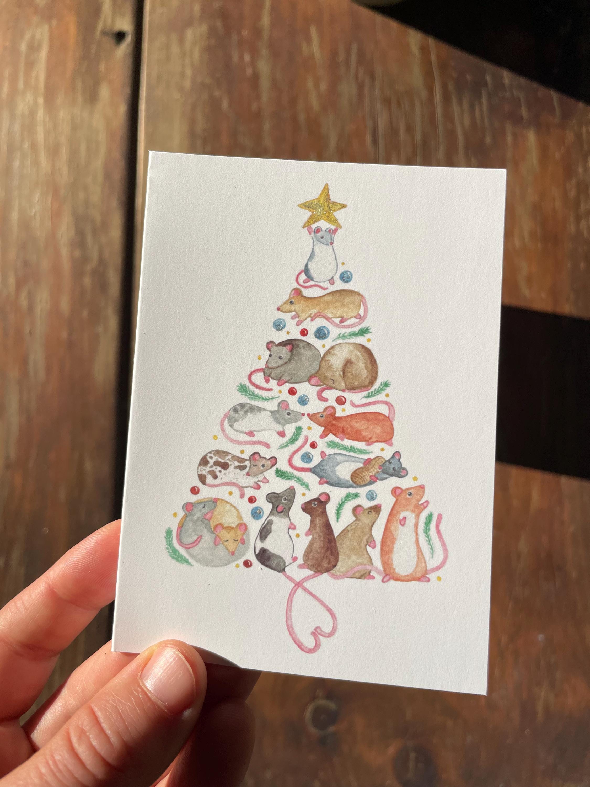 Merry Christmouse! Christmas Card - Free Shipping! A1 Mini Card, Whimsical Mouse Winter Holiday Cards