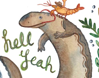 Hellbender and Crawdad Cowboy - 5x7&quot; Watercolor Print