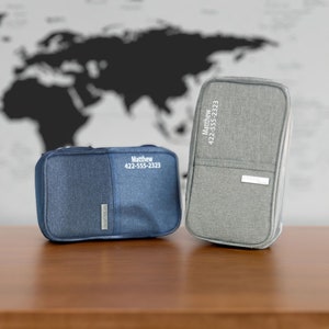 Cartera de viaje de tela Oxford Titular de pasaporte personalizado, nombre personalizado y bolsa de pasaporte de teléfono, bolsa de pasaporte en folio, bolsa segura con cremallera
