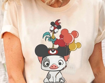 Vintage shirt Disney Hei Hei en Pua, T-shirt Disney Moana Princess, T-shirt Mickey Balloon, Disneyland-gezinsuitstapje, Wdw-tour, verjaardagscadeau