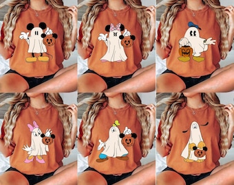 ディズニーキャラクターのハロウィンシャツ、レトロなディズニーゴーストハロウィンシャツ、ミッキーのそれほど怖くないハロウィンパーティー、ディズニーハロウィン旅行