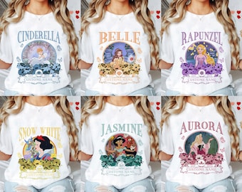 Camiseta retro de la escuadra de princesas de Disney, camiseta de Jasmine, Blancanieves, Ariel, Bella, Rapunzel y Elsa, camiseta floral de princesas, viaje familiar a Disneyland, tour de WDW