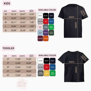 May include: Size chart for kids and toddler t-shirts. The chart shows the size, width, length, and sleeve length in inches. The available colors are white, black, navy, heather, red, royal, light pink, dark heather, Irish green, light blue, purple, forest green, maroon, and orange.