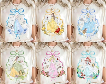 Camiseta vintage de la escuadra de princesas de Disney, camiseta de Cenicienta, Elsa, Ariel, Bella, Tiana y Aurora, camiseta con lazos coquetos, viaje familiar a Disneyland, tour de WDW