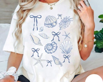 Coquette Seashell T-Shirt, Strand-Shirt, Küsten Png, Retro-Sommer, Sommer-Vibes-T-Shirt, Sommer-Coquette-T-Shirt, Muschel-T-Shirt, Girls Trip, Coquette Bow