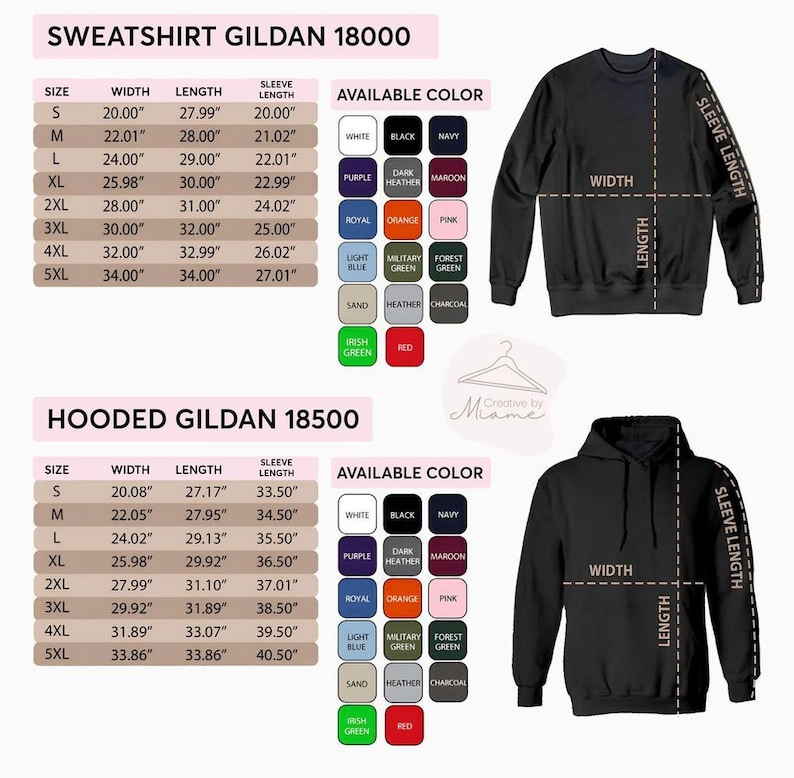 May include: A size chart for Gildan 18000 and 18500 sweatshirts and hooded sweatshirts. The chart shows the width, length, and sleeve length in inches for sizes S through 5XL. The available colors are white, black, navy, purple, dark heather, maroon, royal, orange, pink, light blue, military green, forest green, sand, heather, charcoal, Irish green, and red.