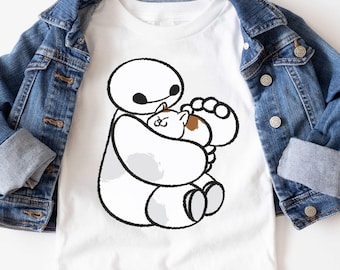 Vintage Baymax und Katzen-Shirt, Disney großer Held 6 Tshirt, Tierliebhaber-T-Stück, Disneyland-Familienausflug, magisches Königreich-T-Stück, Wdw Tour, Geburtstagsgeschenk