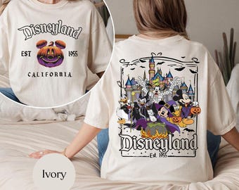 ディズニーランド設立1955年 ハロウィンシャツ、両面ディズニーハロウィンシャツ、全キャラクターディズニーシャツ、ミッキーと仲間たちのハロウィンパンプキンシャツ