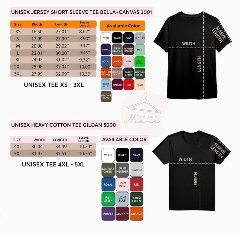 May include: A chart showing the size and sleeve length measurements for unisex t-shirts in inches. The chart also shows the available colors for the t-shirts, including white, black, navy, heather, dark heather, maroon, mint, royal, orange, pink, green, forest green, light blue, maroon, red, sand, military green, and purple. The chart is titled "Unisex Jersey Short Sleeve Tee Bella+Canvas 3001" and "Unisex Heavy Cotton Tee Gildan 5000".