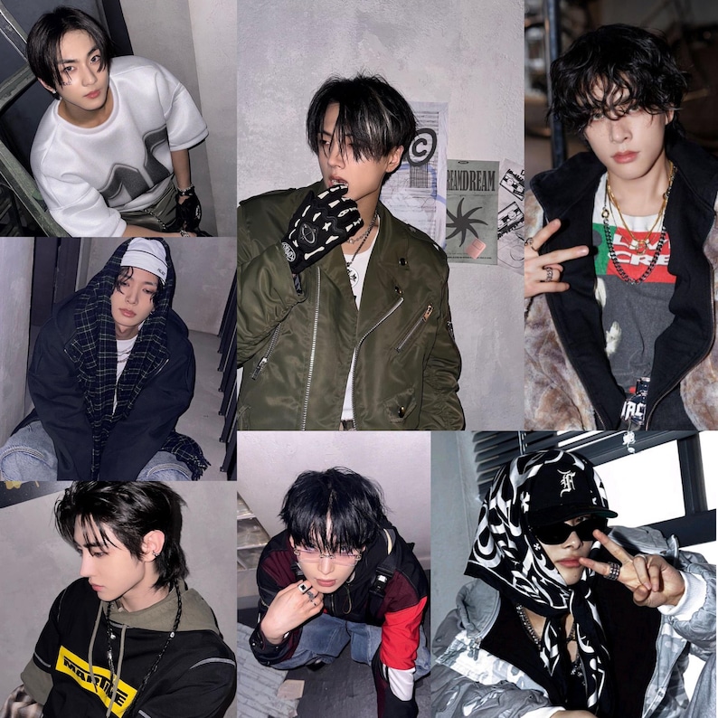 May include: A montage of six images showing young people in streetwear. The images feature a variety of outfits, including bomber jackets, graphic tees, and accessories such as gloves and bandanas. The overall aesthetic is modern and urban.
