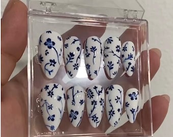 Blue Pottery Press On Nails