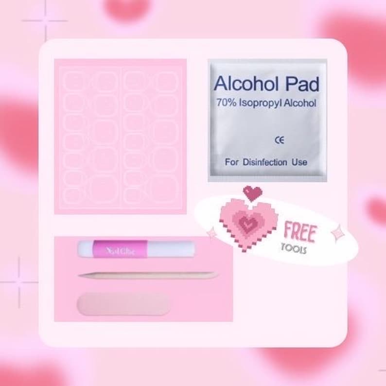 May include: A pink nail kit containing press-on nails, an alcohol pad, nail glue, a wooden cuticle stick, and a nail file. The alcohol pad reads "Alcohol Pad 70% Isopropyl Alcohol For Disinfection Use". A sticker reads "FREE TOOLS".