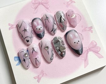 Miffy chrome press ons | chrome pink aura nails