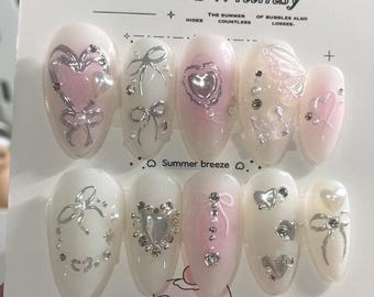 Pink Aura Press Ons| silver chrome | bows
