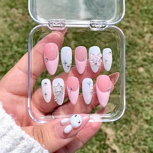 Hand Made Press Ons| pink Y2k nails | chrome start w/ charms