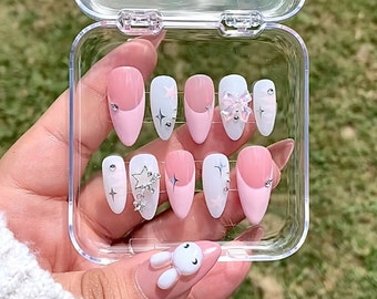 Hand Made Press Ons| pink Y2k nails | chrome start w/ charms