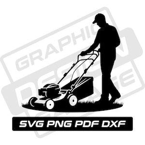Cortacésped svg - pdf - png - dxf - paisajismo - persona cortando - uso comercial - jardinería - silueta - clip art - descarga instantánea