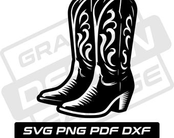 May include: A pair of black cowboy boots with intricate stitching and a pointed toe.