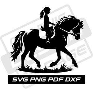 May include: Black and white silhouette of a girl riding a horse. The girl is wearing a helmet and the horse is in a running pose. The image is set against a white background.