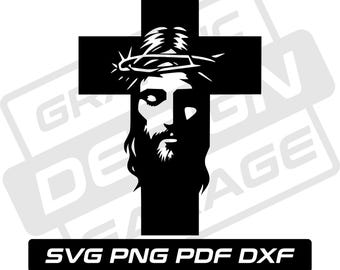May include: Black and white graphic of Jesus on a cross, with a crown of thorns. The image includes the text "SVG PNG PDF DXF" in a black rectangle at the bottom. The design is suitable for digital art or religious crafts.