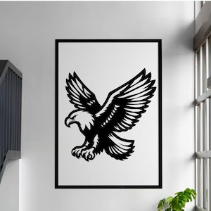 Puede incluir: Ilustraci&oacute;n en blanco y negro de un &aacute;guila con las alas extendidas, volando en una pose din&aacute;mica. La cabeza del &aacute;guila est&aacute; girada hacia un lado y su pico est&aacute; abierto.