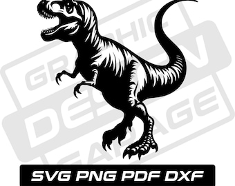 May include: Black and white silhouette of a Tyrannosaurus Rex dinosaur. The dinosaur is standing on its hind legs with its tail curled up behind it. The image is a vector graphic and is suitable for use in a variety of projects.