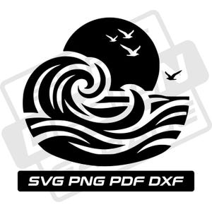 May include: Black and white silhouette of a wave crashing with a sun and birds flying above.  SVG PNG PDF DXF.