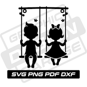May include: Black silhouette illustration of two children on swings. The boy has a tuft of hair, and the girl wears a bow. The image includes the text "SVG PNG PDF DXF" in a black rectangle.