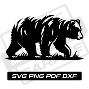 May include: Black silhouette of a bear walking on grass. The bear is facing right and has a detailed fur pattern. The image is suitable for use as a cut file for crafting projects.