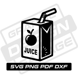 May include: Black and white illustration of a juice box with a straw sticking out of the top. The juice box has an apple on the front and the word "JUICE" printed on it.