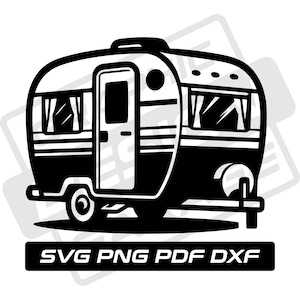 May include: Black and white silhouette of a vintage camper trailer with rounded edges and a single door. The camper has three windows and a small, round roof vent.