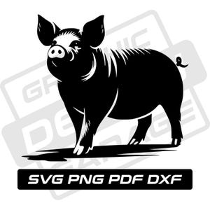 May include: Black and white silhouette of a pig standing on all four legs. The pig is facing the left side of the image. The pig has a curly tail. The image is on a white background.