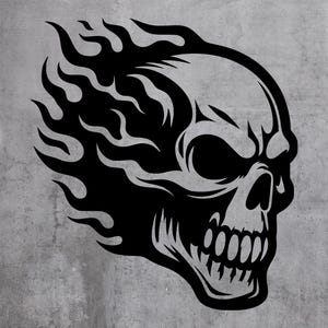 May include: A black skull design with flames rising from the head, set against a grey background. The skull features detailed teeth and eye sockets. This graphic illustration is a striking, bold design.