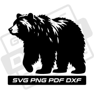 May include: Black and white silhouette of a bear standing on all fours. The bear is facing to the left. The image is a digital download of a vector graphic.