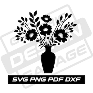 May include: Black and white silhouette of a vase with a bouquet of flowers. The vase is a simple, rounded shape with a narrow neck. The flowers are stylized and have a simple, elegant design.
