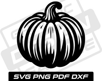 May include: Black and white pumpkin illustration with a stem and vertical lines. The image includes the text "SVG PNG PDF DXF" in a black rectangle at the bottom, suitable for digital design projects and fall-themed crafts.