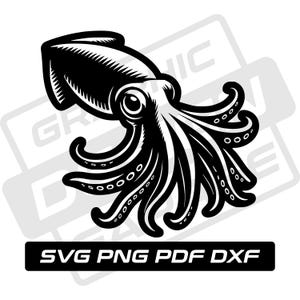 Calamar svg - pdf - png - dxf - pulpo - pesca - uso comercial - kraken - silueta - clip art - descarga instantánea - pescador - tentáculos