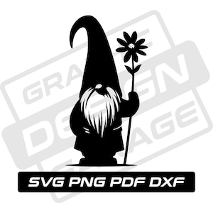 Gnome with flower svg - pdf - png - dxf - garden gnome - commercial use - flower gnome svg - gnome silhouette - clip art - instant download
