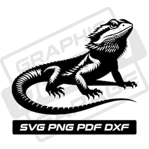 May include: Black and white silhouette of a bearded dragon lizard with its tail curled around its body. The lizard is facing to the right and has a spiky crest on its head.