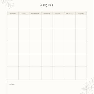 May include: A minimalist August calendar page with a cream background. The word "august" is written in a delicate script at the top. Floral line art decorates the corners. The calendar grid is divided into days of the week.
