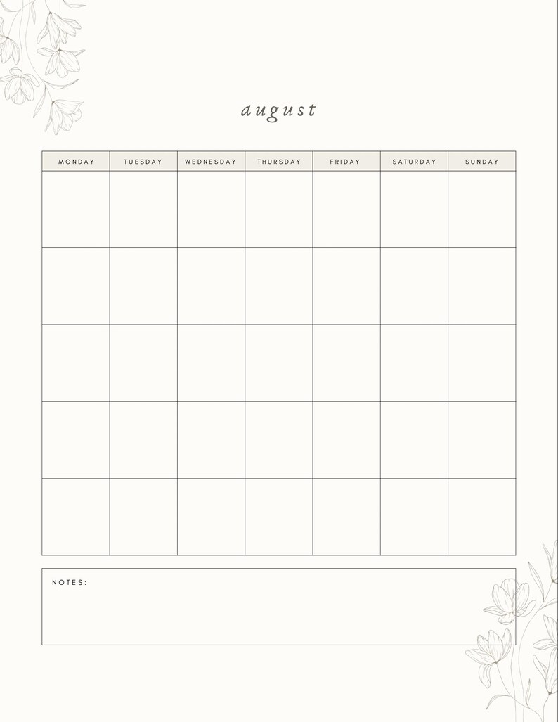 May include: A minimalist August calendar page with a cream background. The word "august" is written in a delicate script at the top. Floral line art decorates the corners. The calendar grid is divided into days of the week.