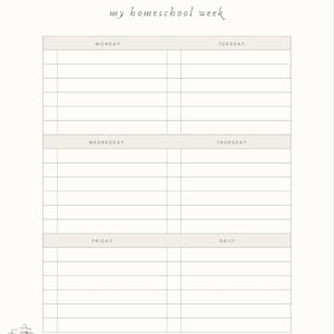 May include: A cream-colored weekly homeschool planner with the text "my homeschool week" in a handwritten font. The planner has sections for each day of the week, with lines for notes. A small illustration of a sailboat is in the lower left corner.