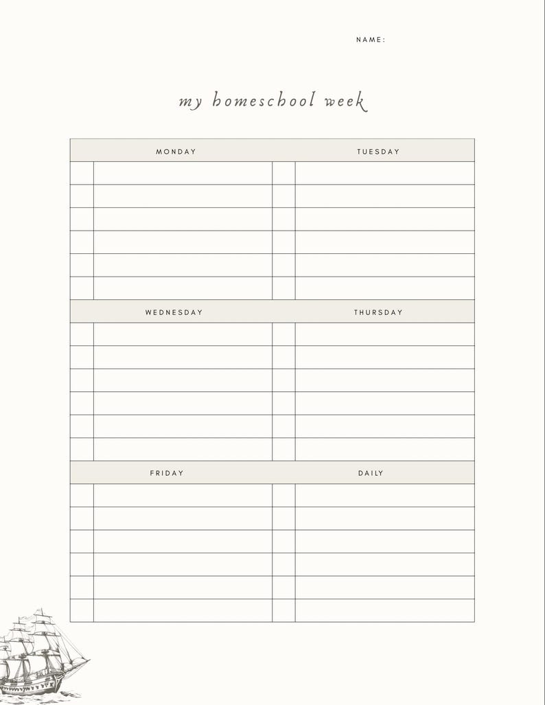 May include: A cream-colored weekly homeschool planner with the text "my homeschool week" in a handwritten font. The planner has sections for each day of the week, with lines for notes. A small illustration of a sailboat is in the lower left corner.